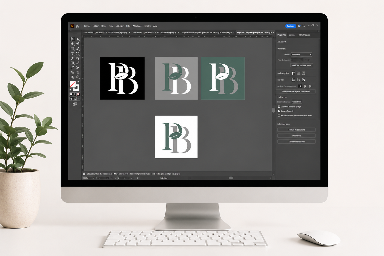 Logo de Patricia B. décliné en quatre versions dans Adobe Illustrator