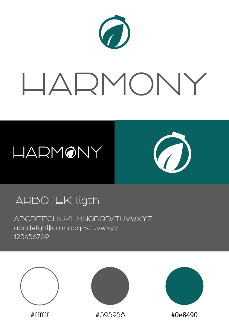 Charte graphique Harmony : logo feuille, typographie Arbotek et palette blanc, gris et vert canard