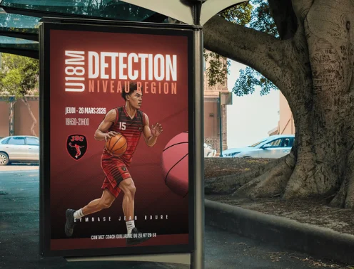 Affiche de détection U18 du JSC Basket présentée sur un abribus