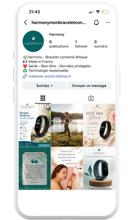 Compte Instagram de la marque Harmony sur un téléphone