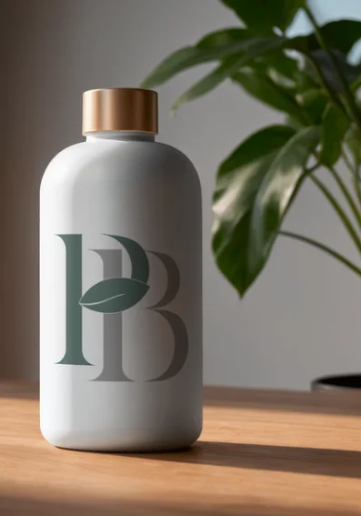 Monogramme PB créé pour Patricia B., décliné sur un flacon de produit