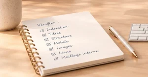 Carnet ouvert sur un bureau en bois, avec une liste de vérifications cochées à la main.