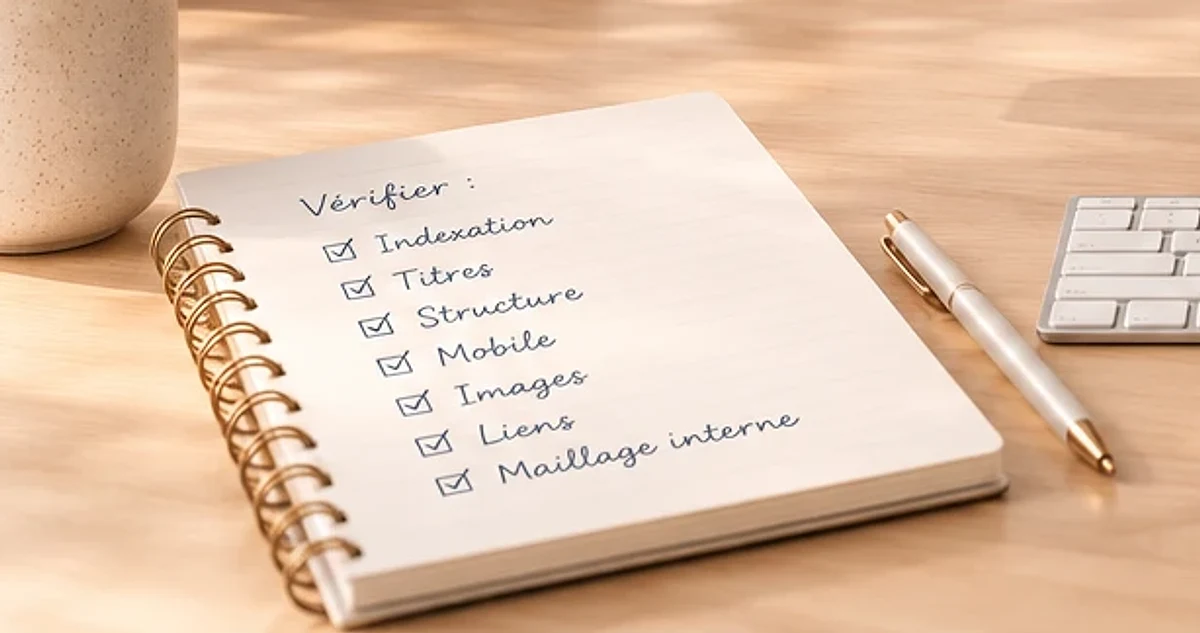 Carnet ouvert sur un bureau en bois, avec une liste de vérifications cochées à la main.