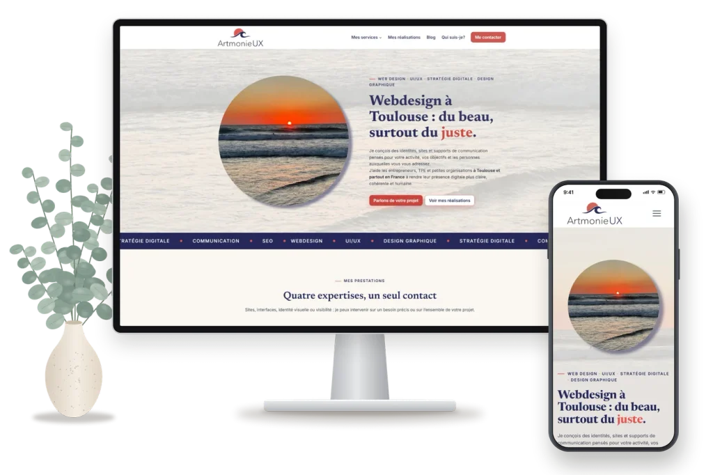 Page d'accueil du site ArtmonieUX affichée sur ordinateur et sur mobile