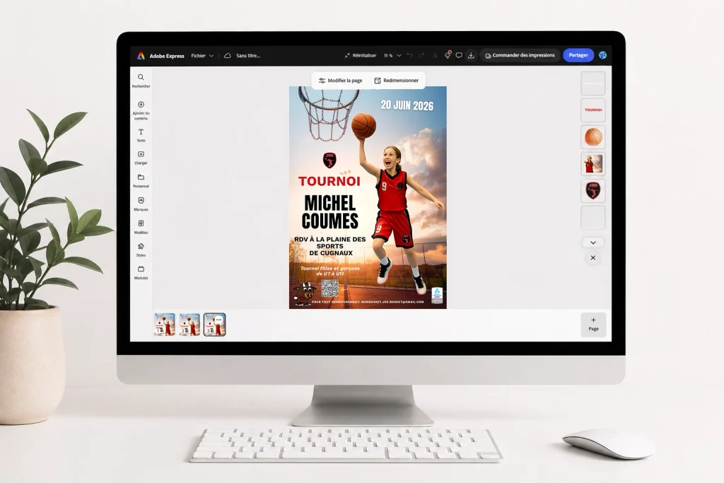 Affiche du tournoi Michel Coumes du JSC Basket en cours de création dans Adobe Express